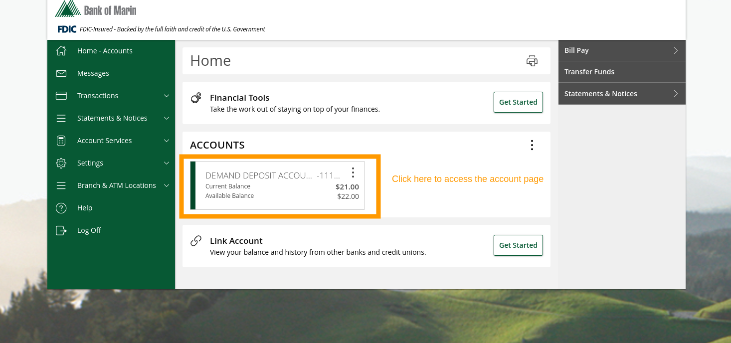 Home screen showing the ACCOUNTS section with an account tile highlighted. An orange box and annotation indicate where to click to access the account page.
