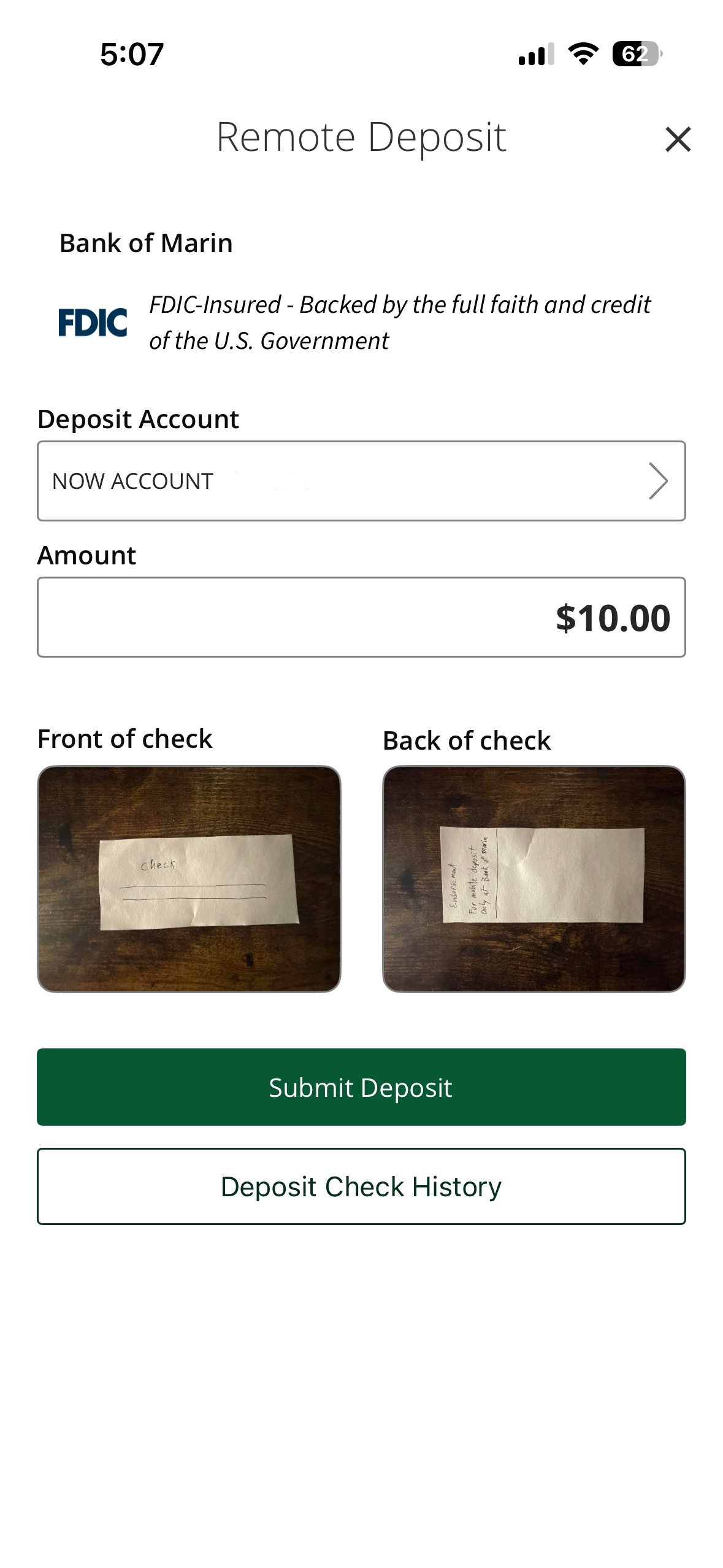 Remote Deposit screen showing a completed deposit with account selected, amount entered, and photos of front and back of check ready to submit