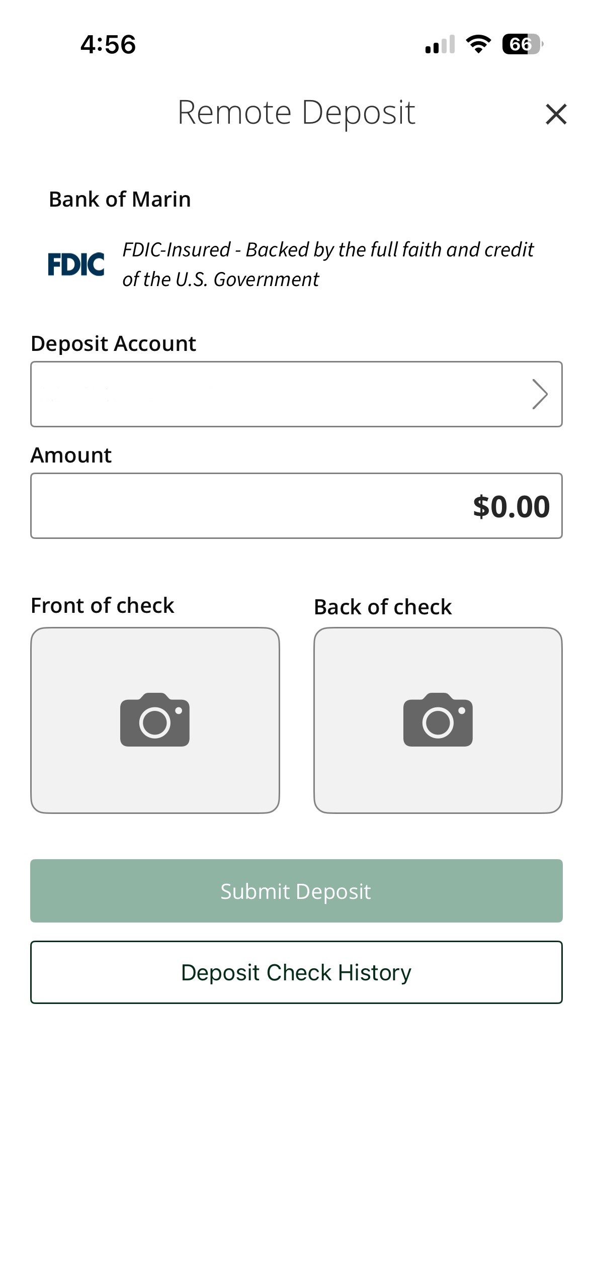 Remote Deposit screen showing Deposit Account selector, Amount field, and camera icons for front and back of check