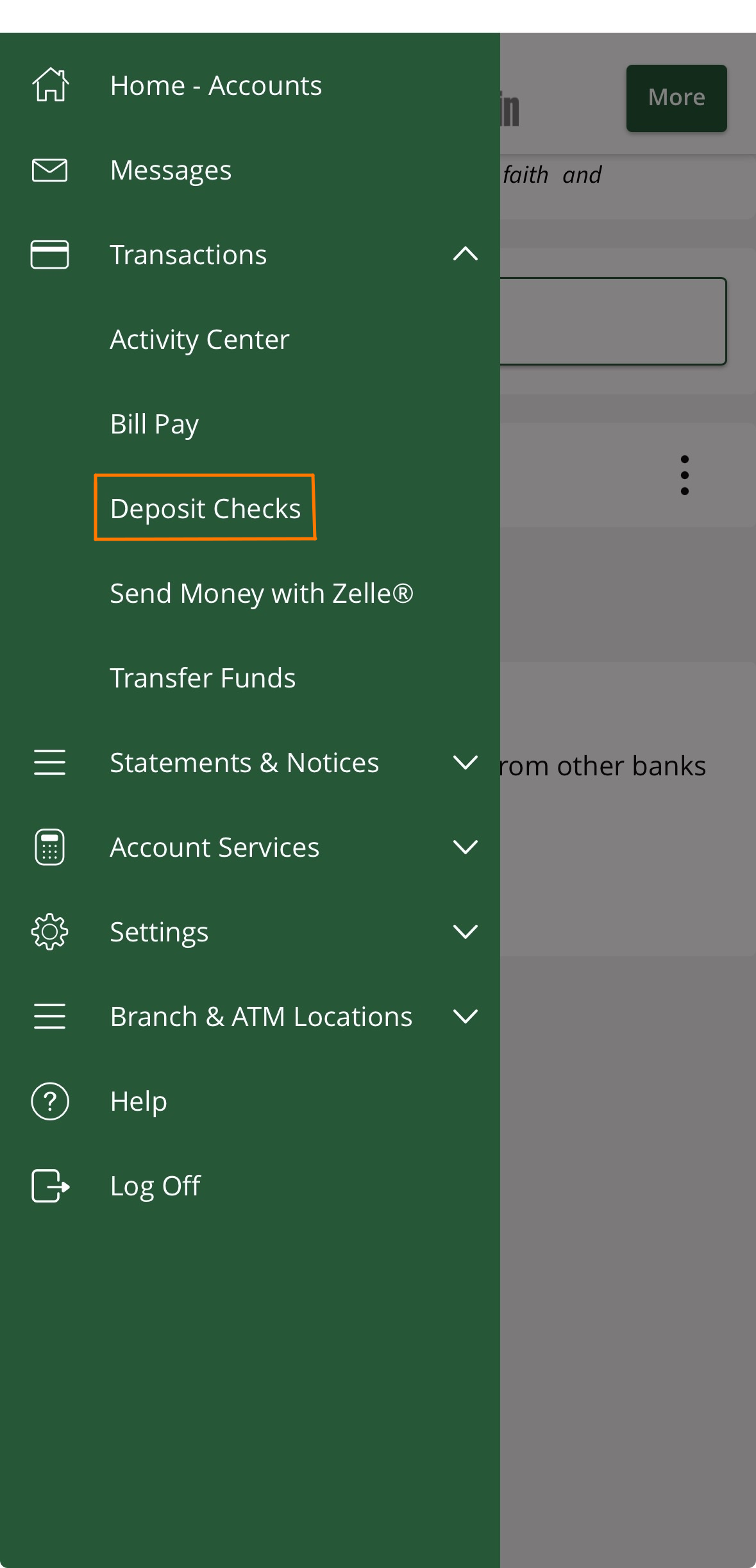 Mobile app side menu with Transactions expanded and Deposit Checks highlighted