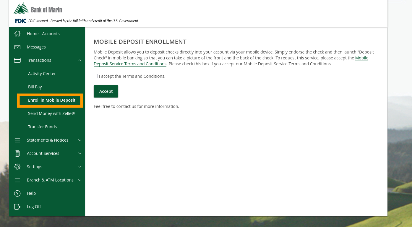 Mobile Deposit Enrollment screen showing Terms and Conditions acceptance checkbox and Accept button